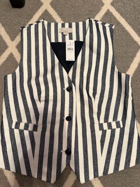 LOFT Navy and White Vertical Stripe Button Vest